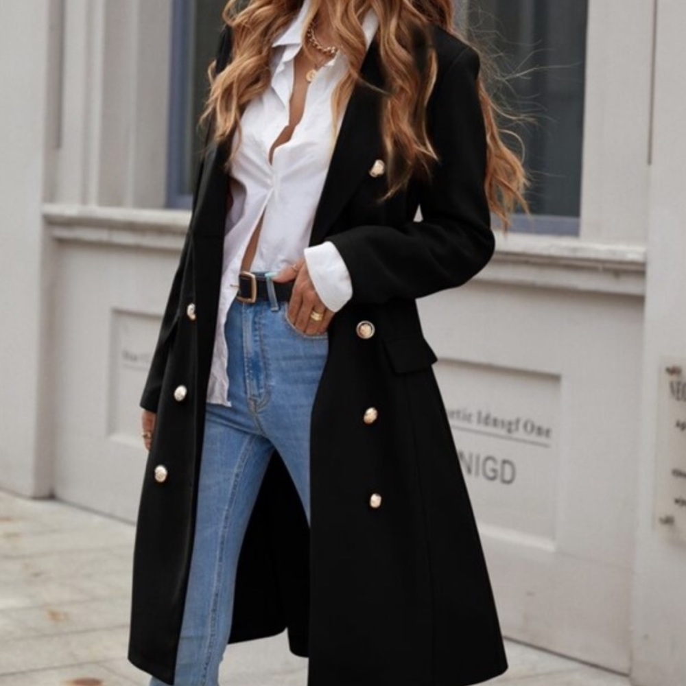 Classic Black Button up Long Jacket Coat - Picture 1 of 13